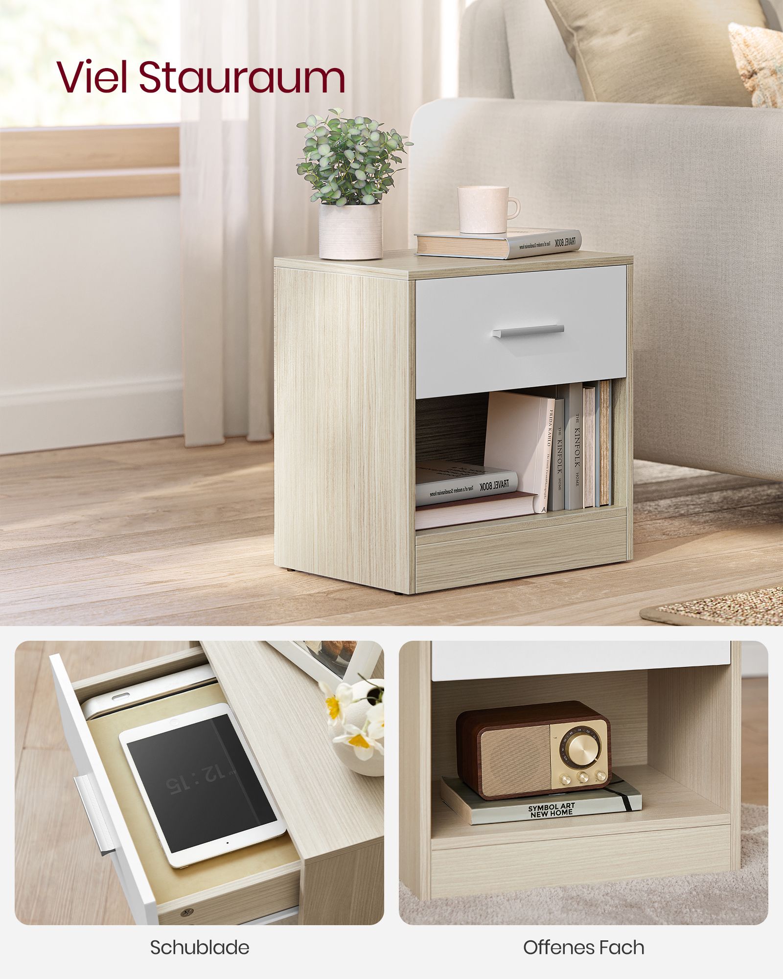 Nachttisch 2er Set naturbeige-naturbeige-klassikweiß