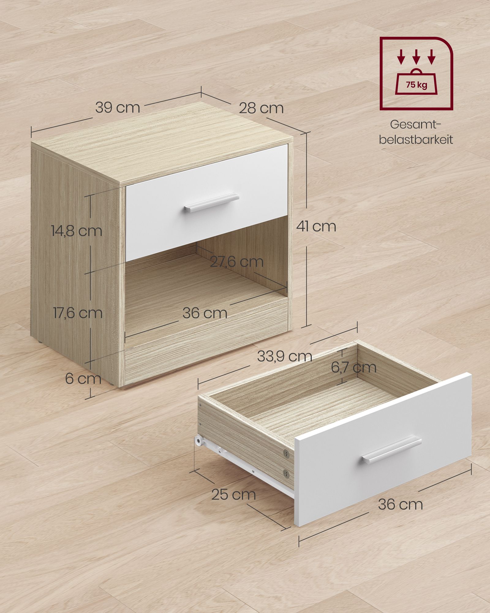 Nachttisch 2er Set naturbeige-naturbeige-klassikweiß
