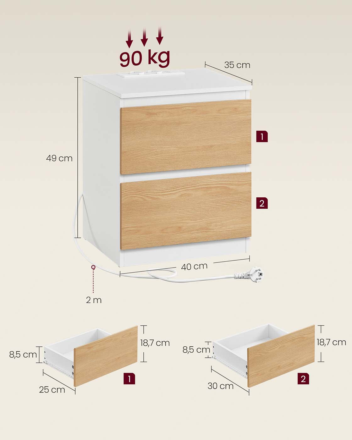 Nachttisch 2er Set mit Steckdosen und Schubladen mandelgelb