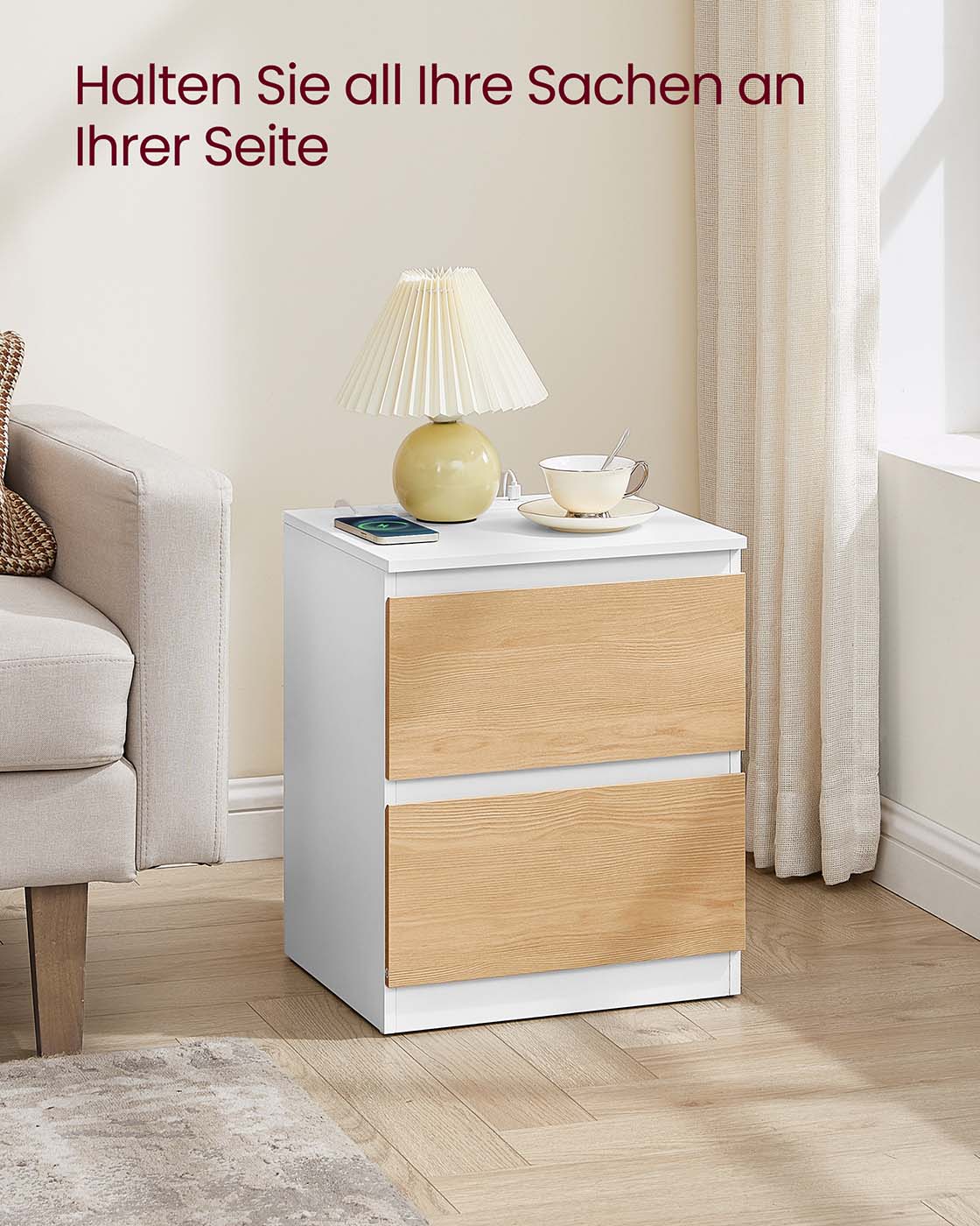 Nachttisch 2er Set mit Steckdosen und Schubladen mandelgelb