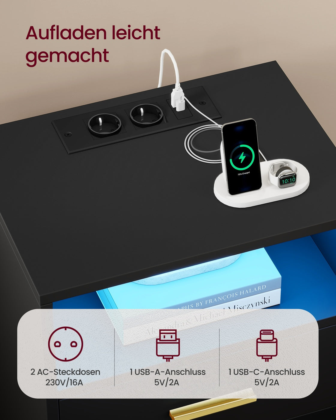 Custos Kollektion -Nachttisch mit Ladestation und LED tintenschwarz