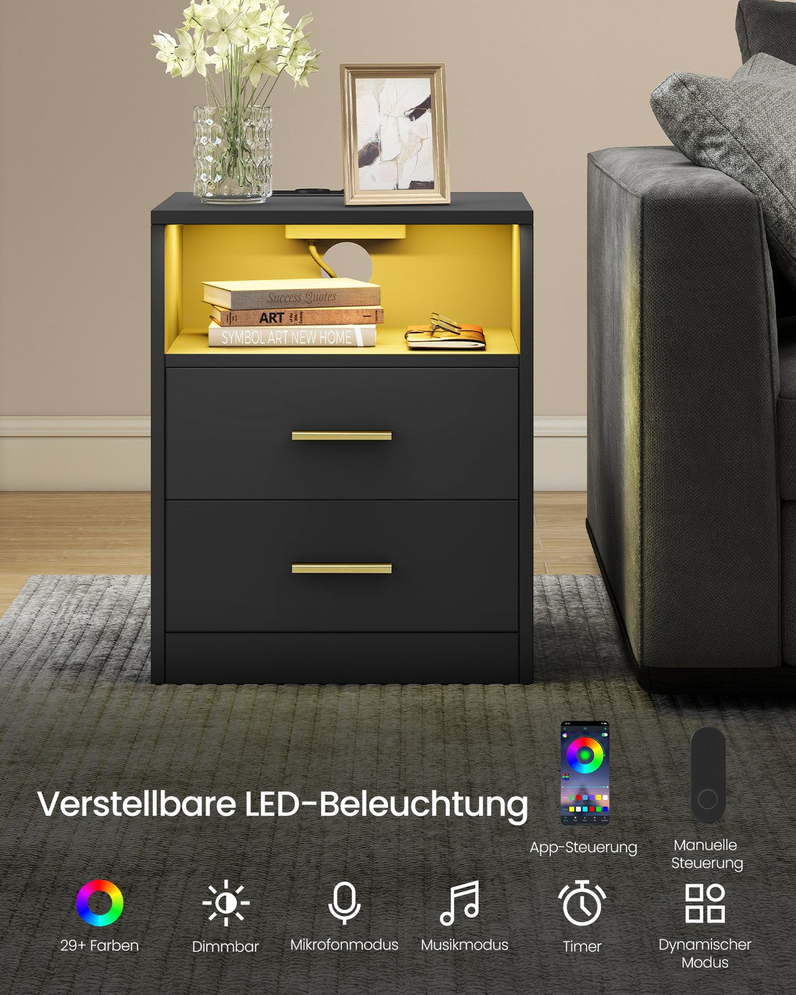 Custos Kollektion -Nachttisch mit Ladestation und LED tintenschwarz