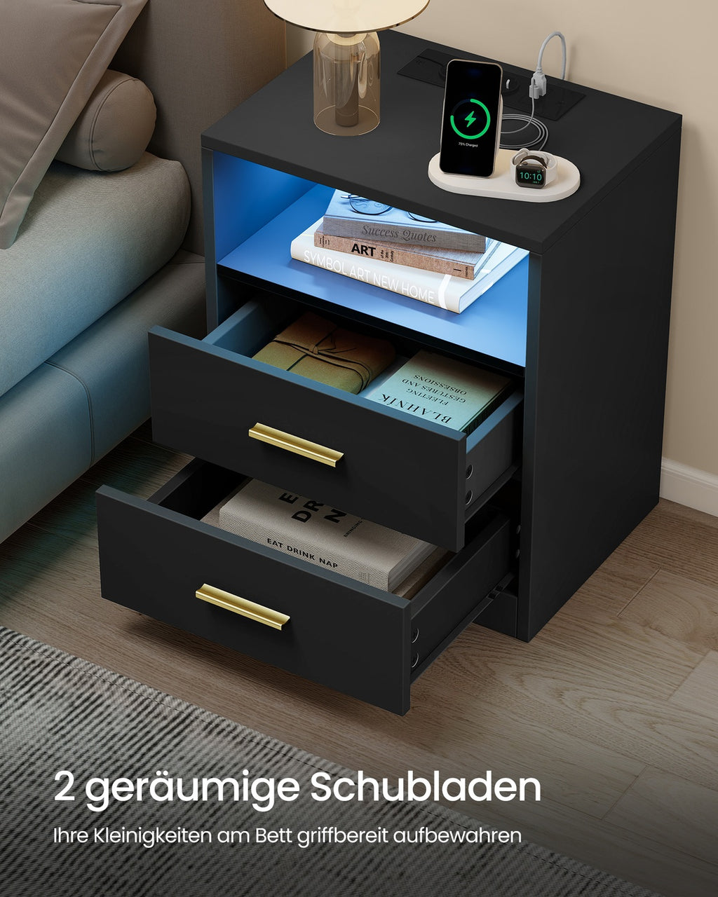 Custos Kollektion -Nachttisch mit Ladestation und LED tintenschwarz