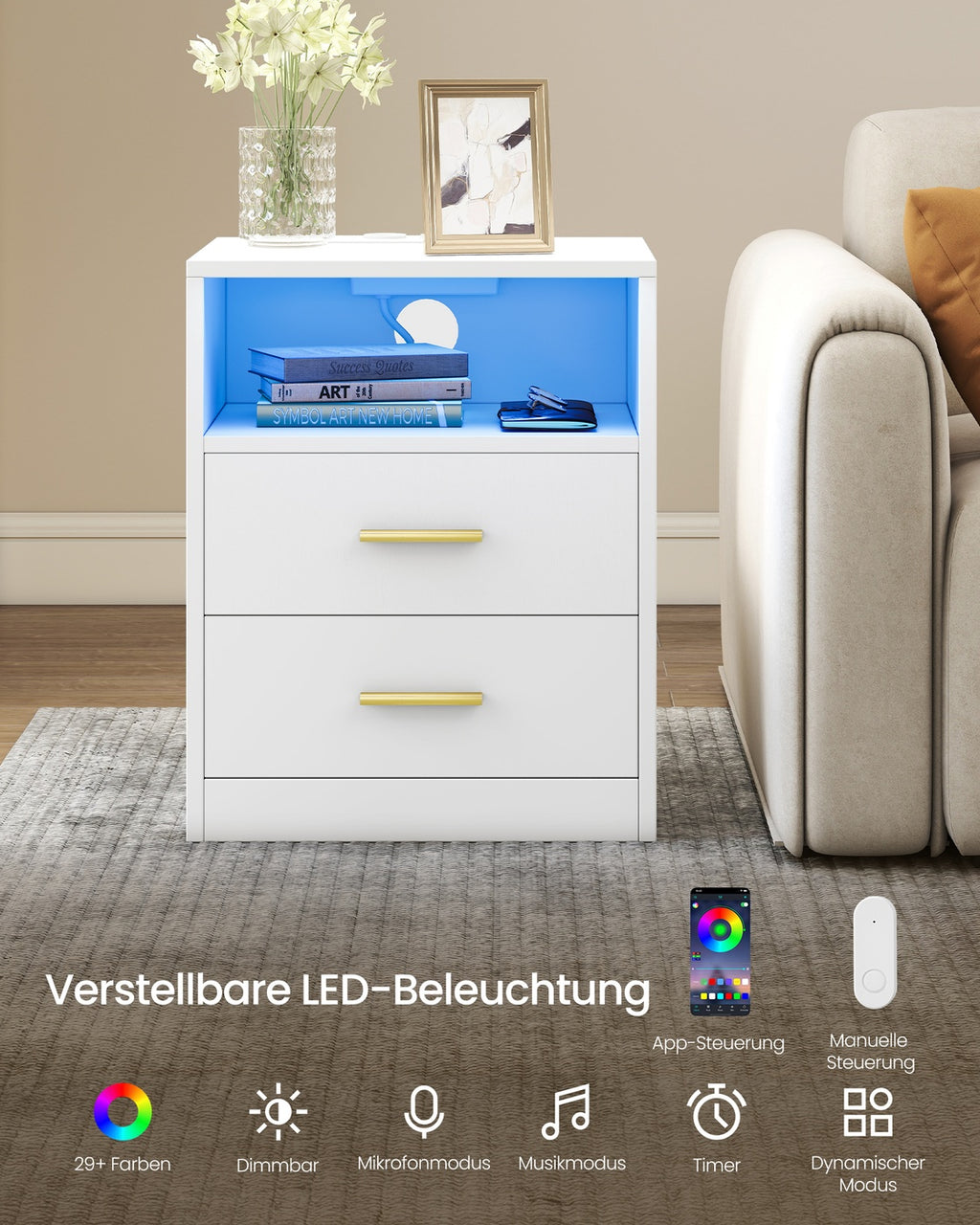 Custos Kollektion -Nachttisch mit Ladestation und LED wolkenweiß