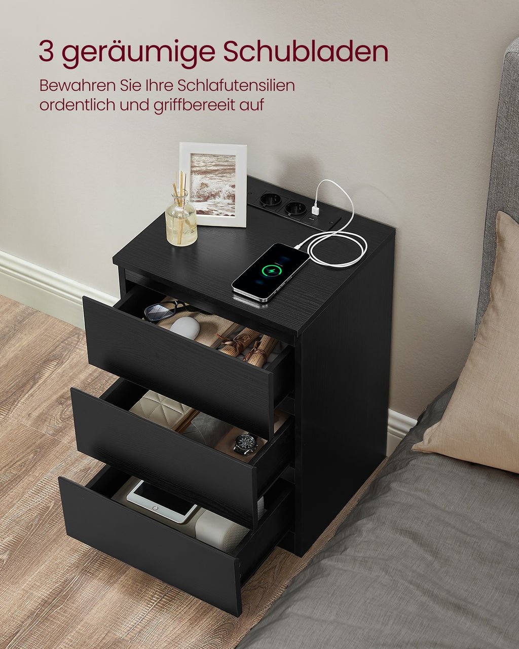 Nachttisch 2er Set 2 USB-Anschlüsse modern ebenholzschwarz