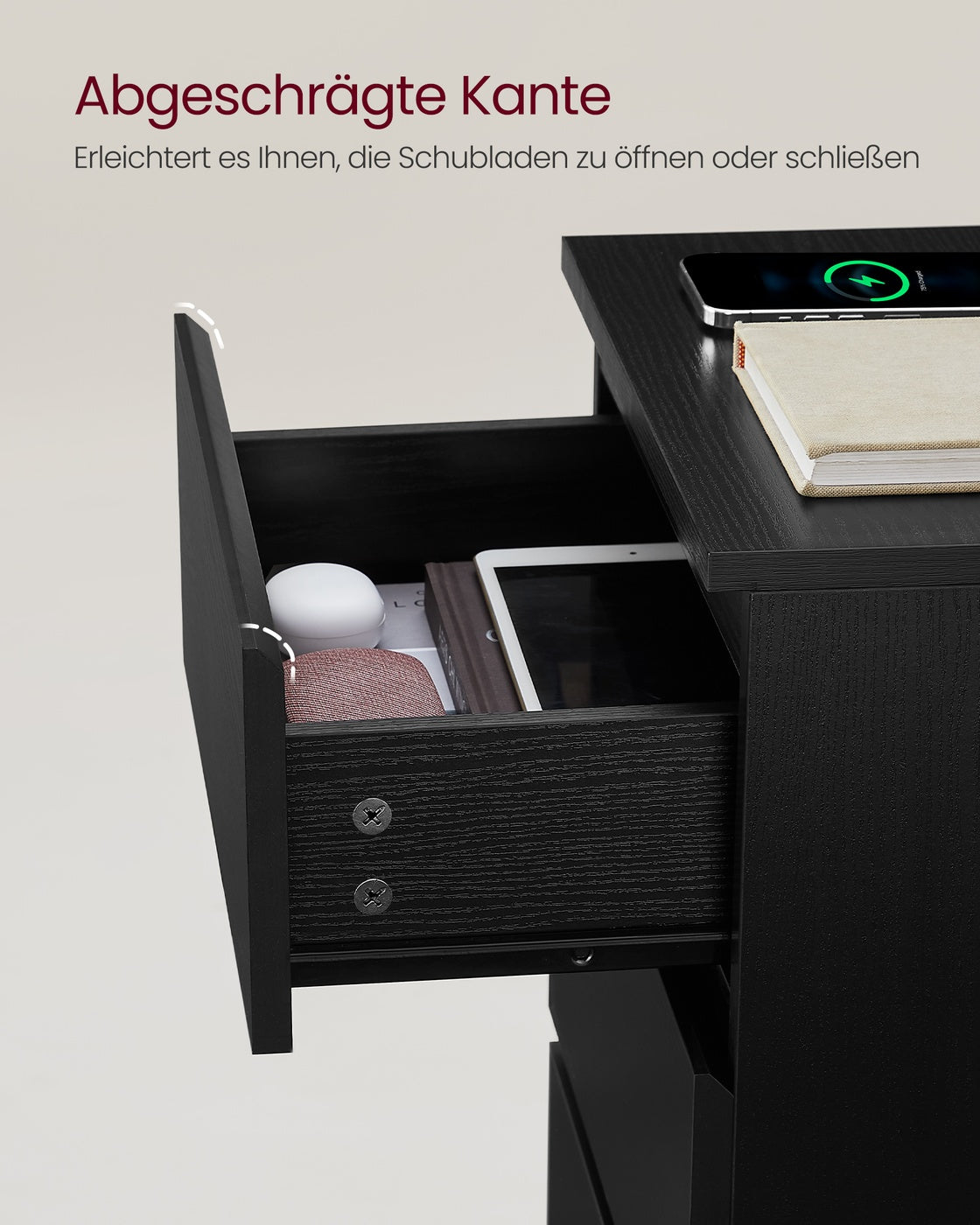 Nachttisch 2er Set 2 USB-Anschlüsse modern ebenholzschwarz