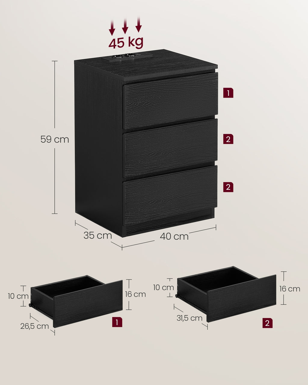 Nachttisch 2er Set 2 USB-Anschlüsse modern ebenholzschwarz