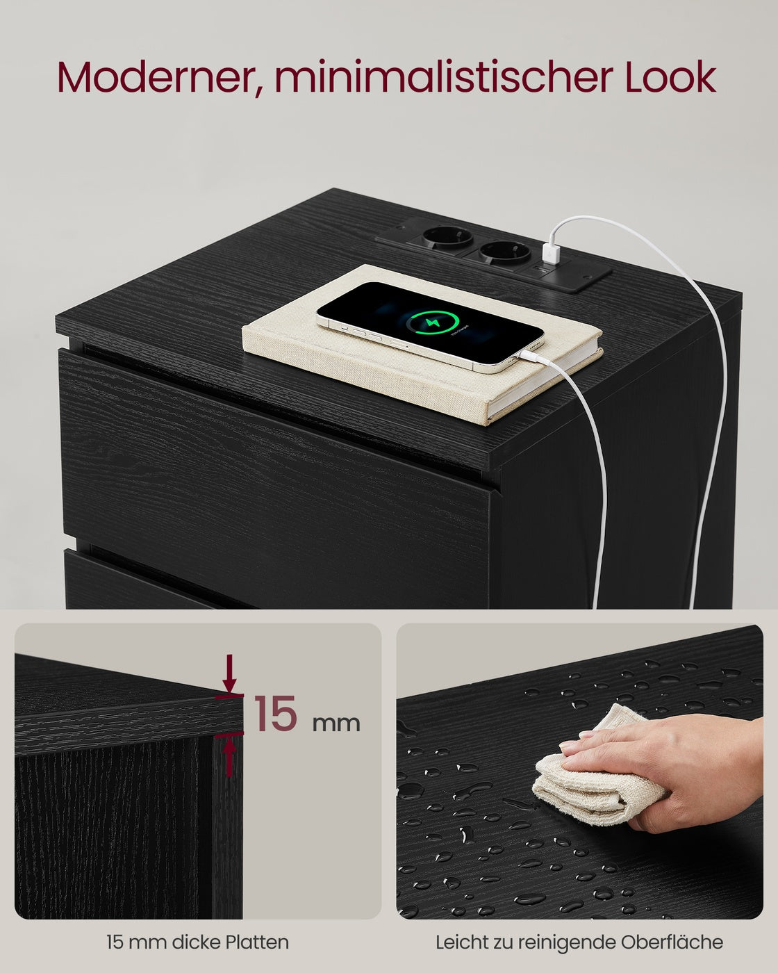 Nachttisch 2er Set 2 USB-Anschlüsse modern ebenholzschwarz