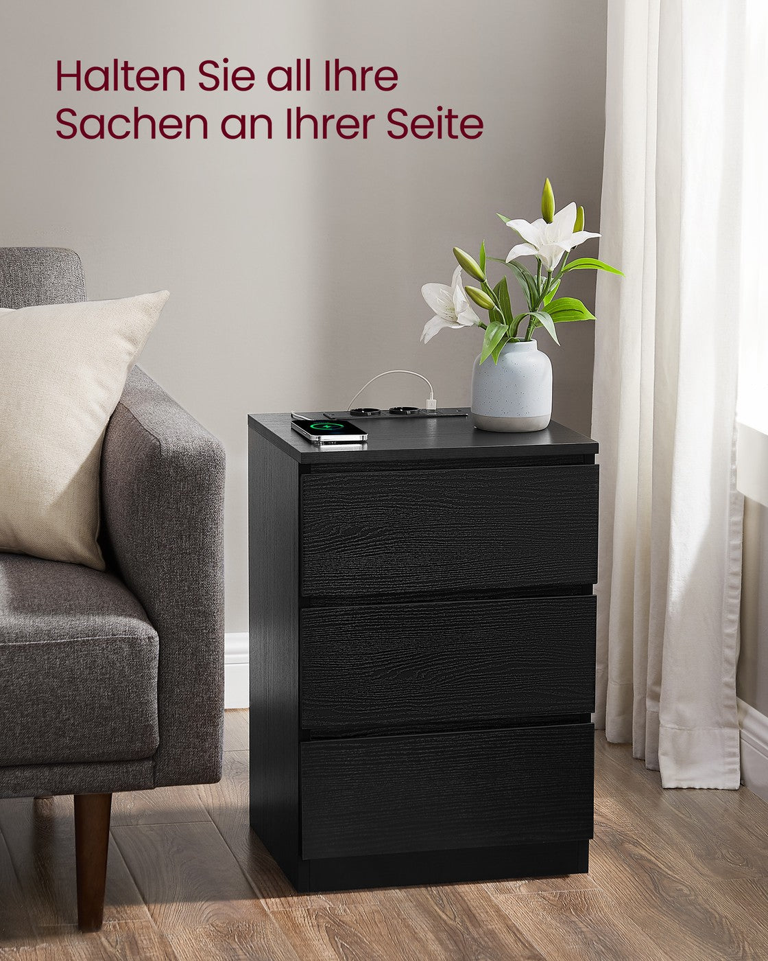 Nachttisch 2er Set 2 USB-Anschlüsse modern ebenholzschwarz