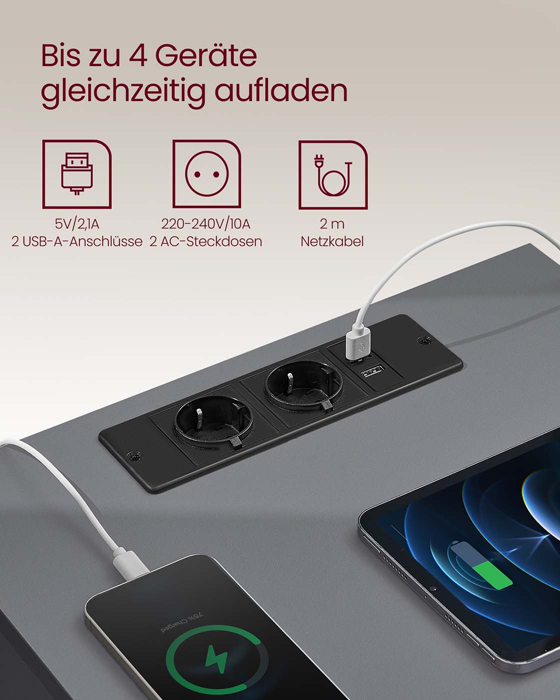 Nachttisch 2er Set mit Schubladen und Ladestation ebenholzschwarz