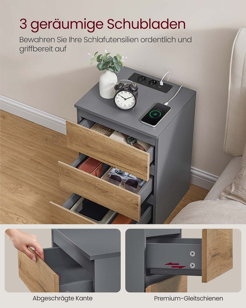 Nachttisch 2er Set mit Schubladen und Ladestation ebenholzschwarz