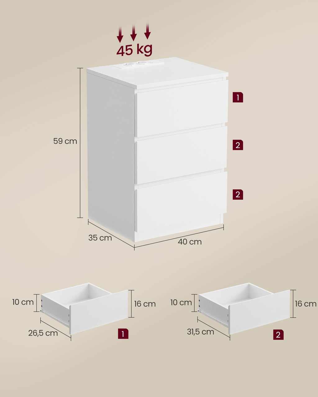 Nachttisch 2er Set 2 AC-Steckdosen modern wolkenweiß