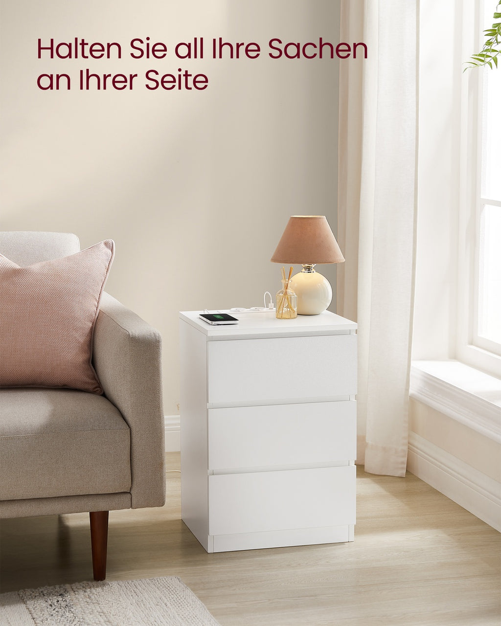 Nachttisch 2er Set 2 AC-Steckdosen modern wolkenweiß