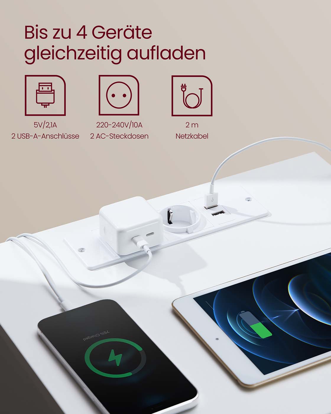 Nachttisch 2er Set mit Schubladen und Ladestation wolkenweiß-mandelgelb