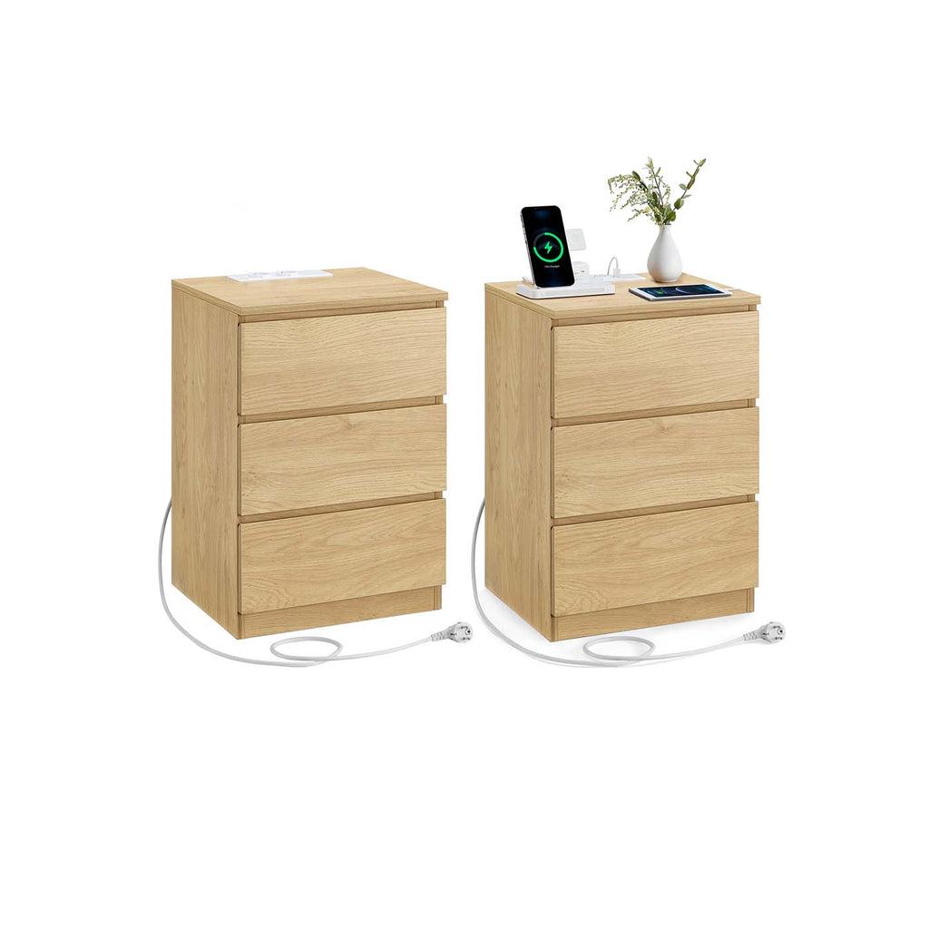 Nachttisch 2er Set mit Schubladen und Ladestation strohgelb