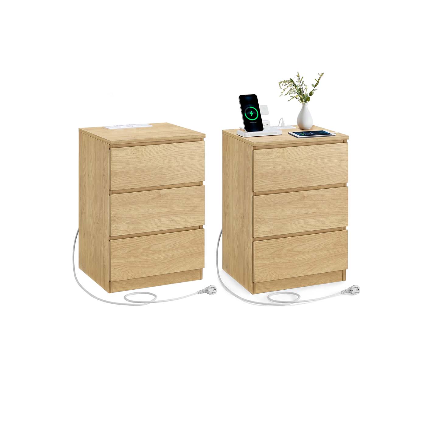 Nachttisch 2er Set mit Schubladen und Ladestation strohgelb