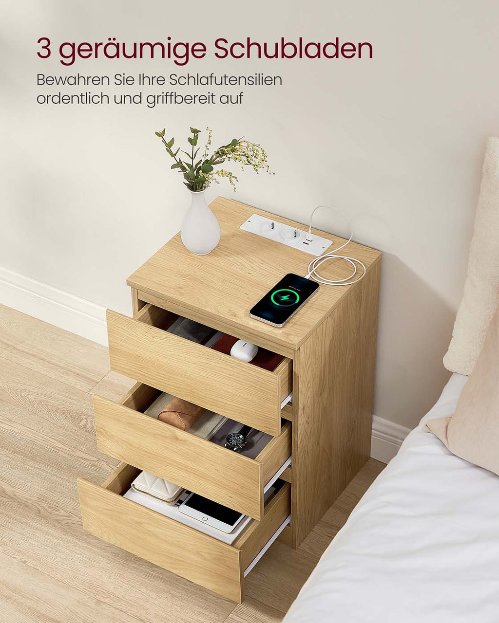 Nachttisch 2er Set mit Schubladen und Ladestation strohgelb