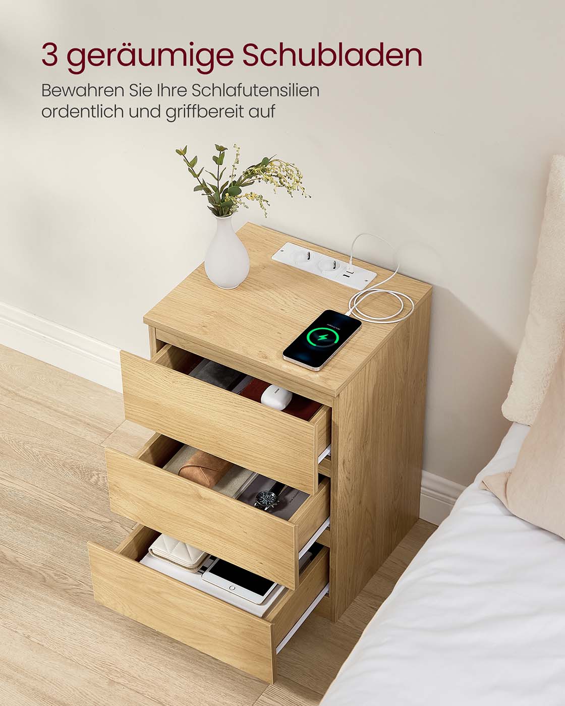 Nachttisch 2er Set mit Schubladen und Ladestation strohgelb