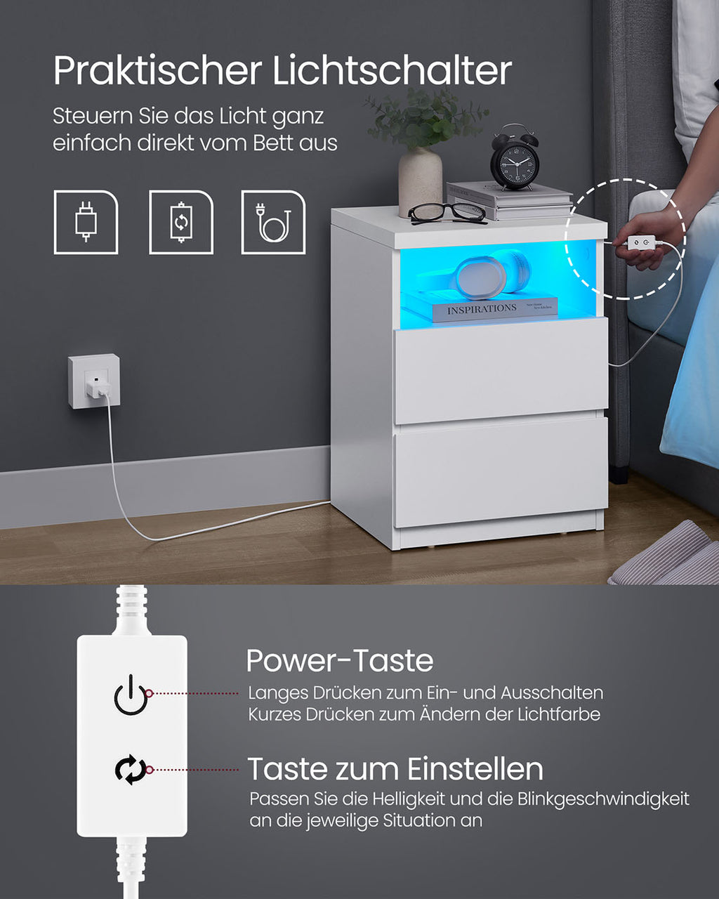Nachttisch 2er Set mit verstellbarer LED-Beleuchtung wolkenweiß