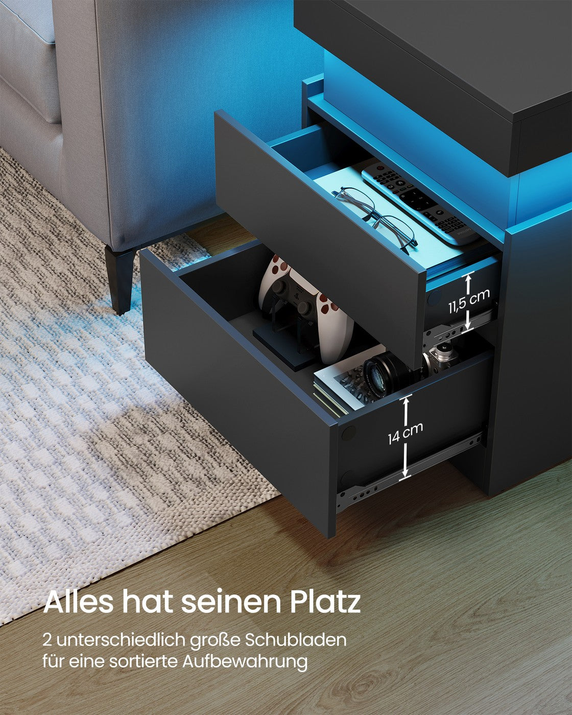 Kailyn Kollektion - Nachttisch mit Steckdosen und LED Beleuchtung tintenschwarz