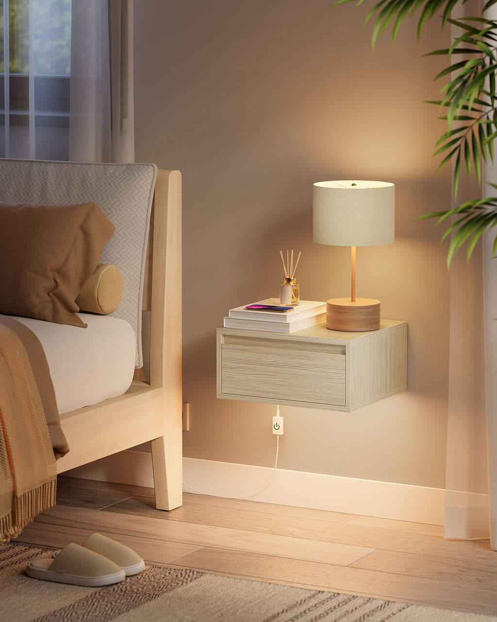 Nachttisch hängend 2er Set mit Leuchten naturbeige