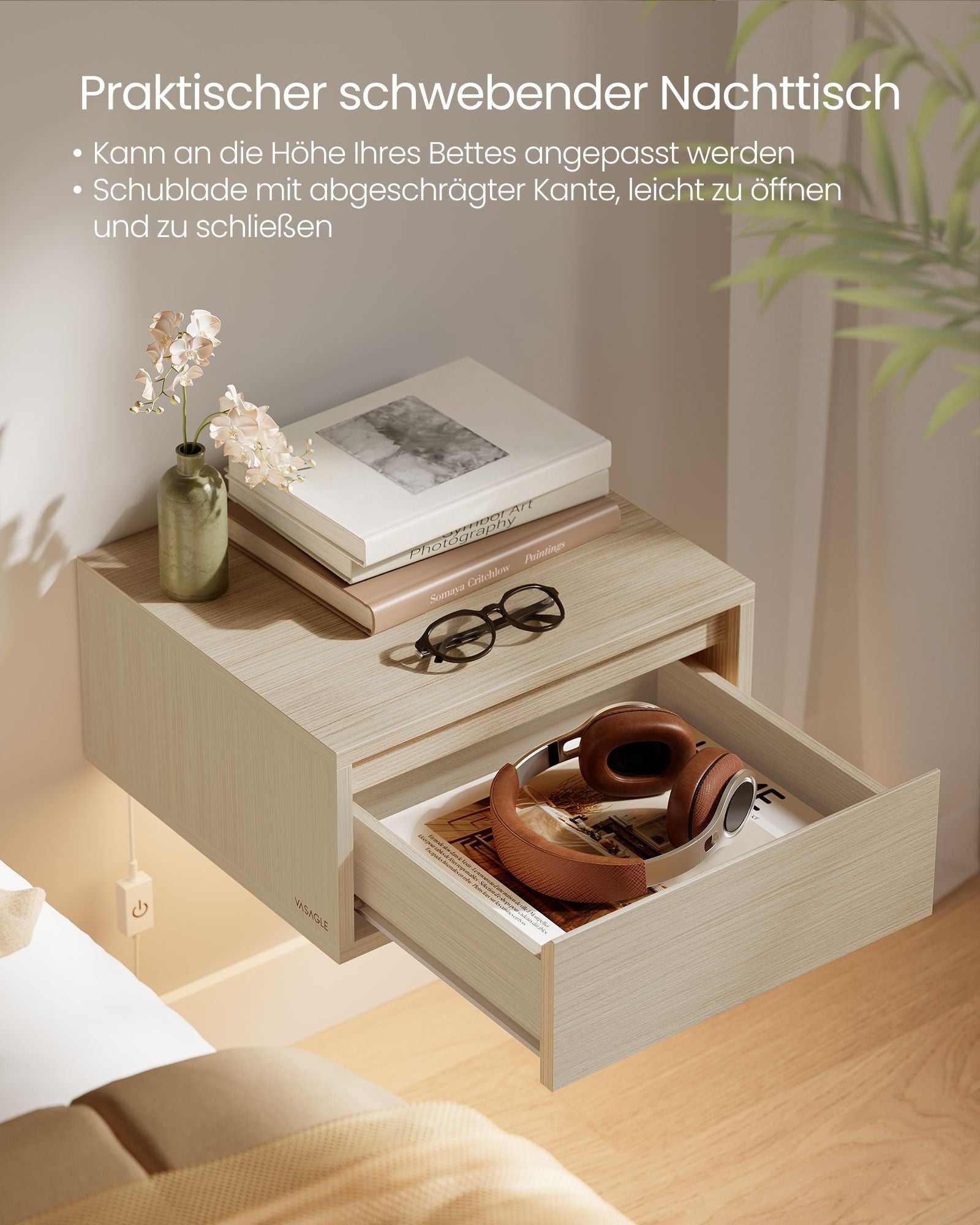 Nachttisch hängend 2er Set mit Leuchten naturbeige