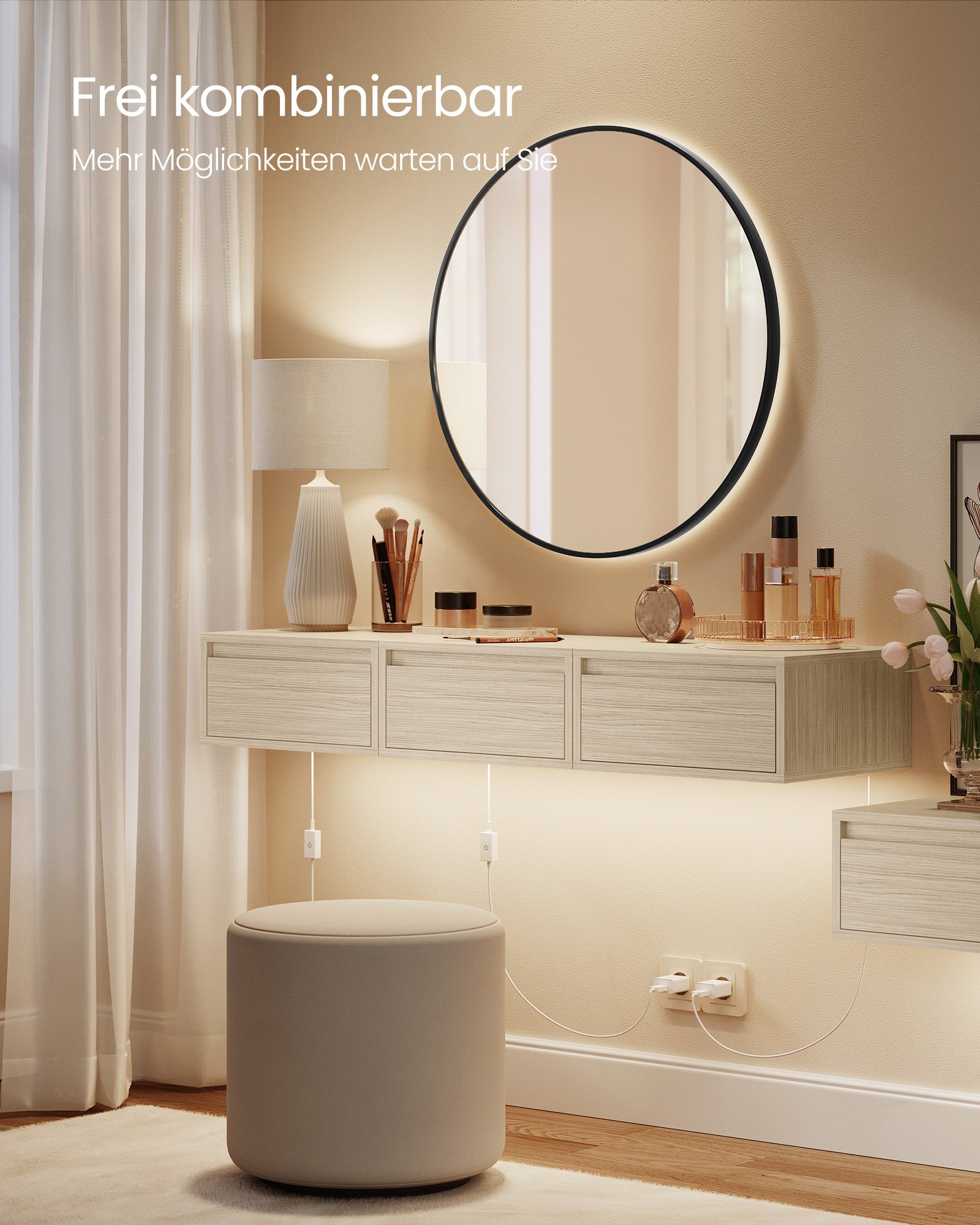 Nachttisch hängend 2er Set mit Leuchten naturbeige
