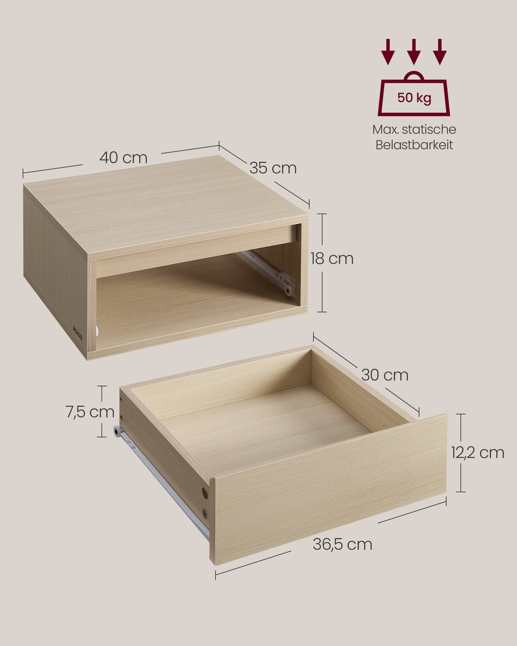 Nachttisch hängend 2er Set mit Leuchten naturbeige