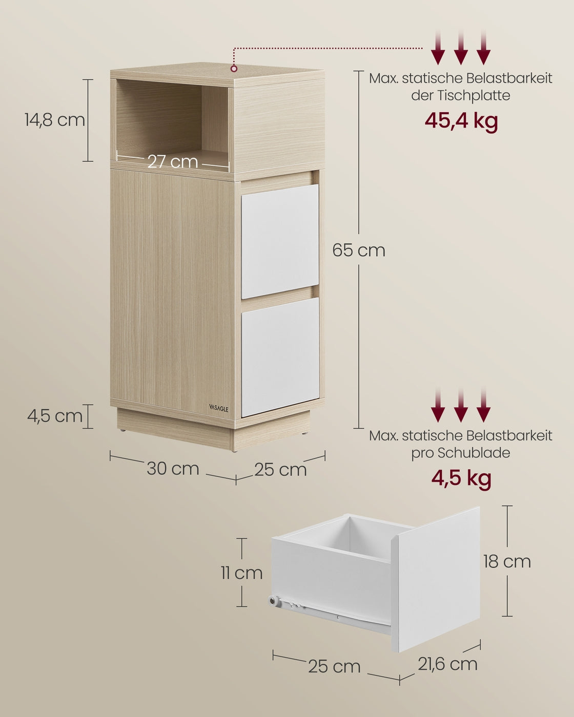KAILYN Kollektion - Nachttisch 2er Set 2 Schubladen offenes Fach naturbeige-wolkenweiß
