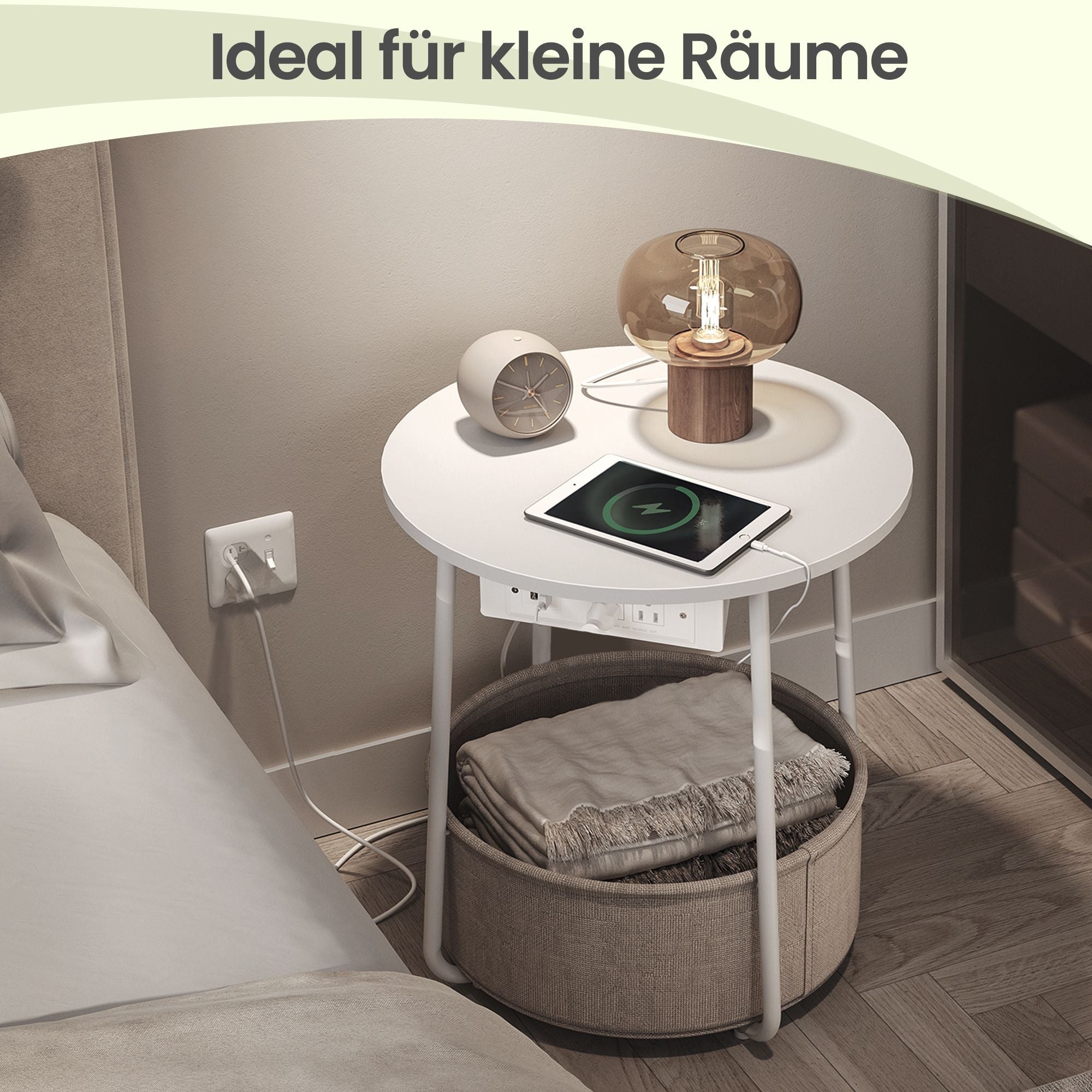 Runder Beistelltisch mit Stoffkorb und Steckdosen, weiß-braun