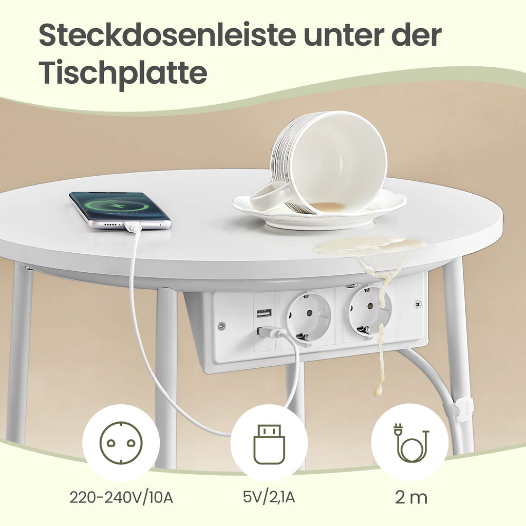 Runder Beistelltisch mit Stoffkorb und Steckdosen, weiß-braun