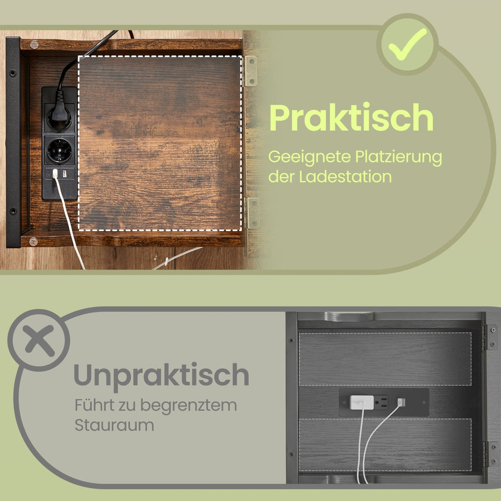 Beistelltisch, Nachttisch mit Steckdosen, USB-Anschlüsse