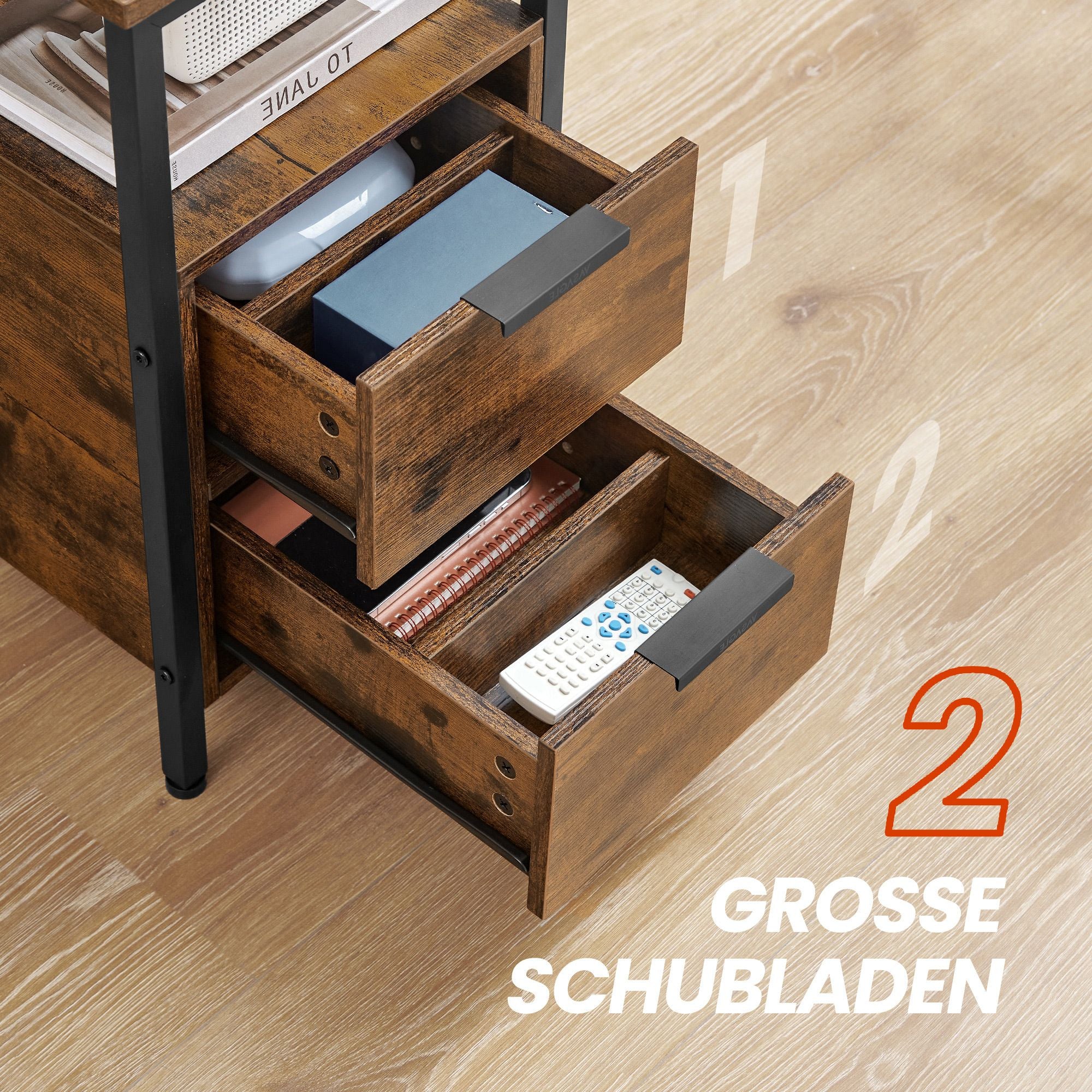 Beistelltisch, Nachttisch mit Steckdosenleiste, 2 Schubladen