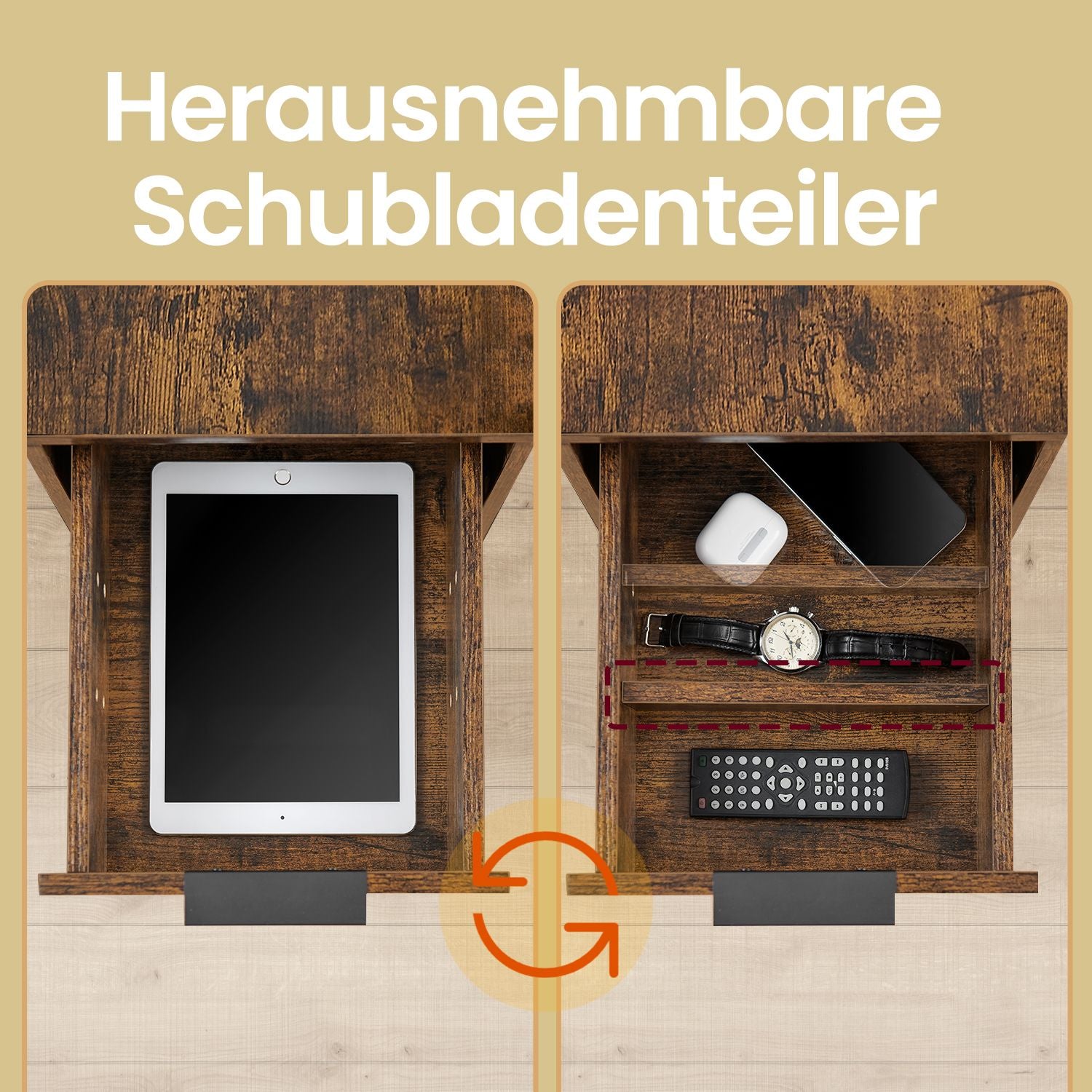 Beistelltisch, Nachttisch mit Steckdosenleiste, 2 Schubladen