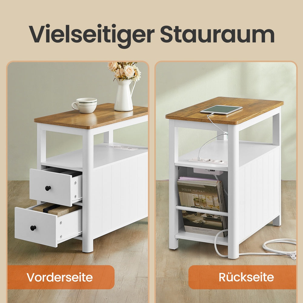 Beistelltisch, schmaler Nachttisch mit Steckdosenleiste, 2 Schubladen