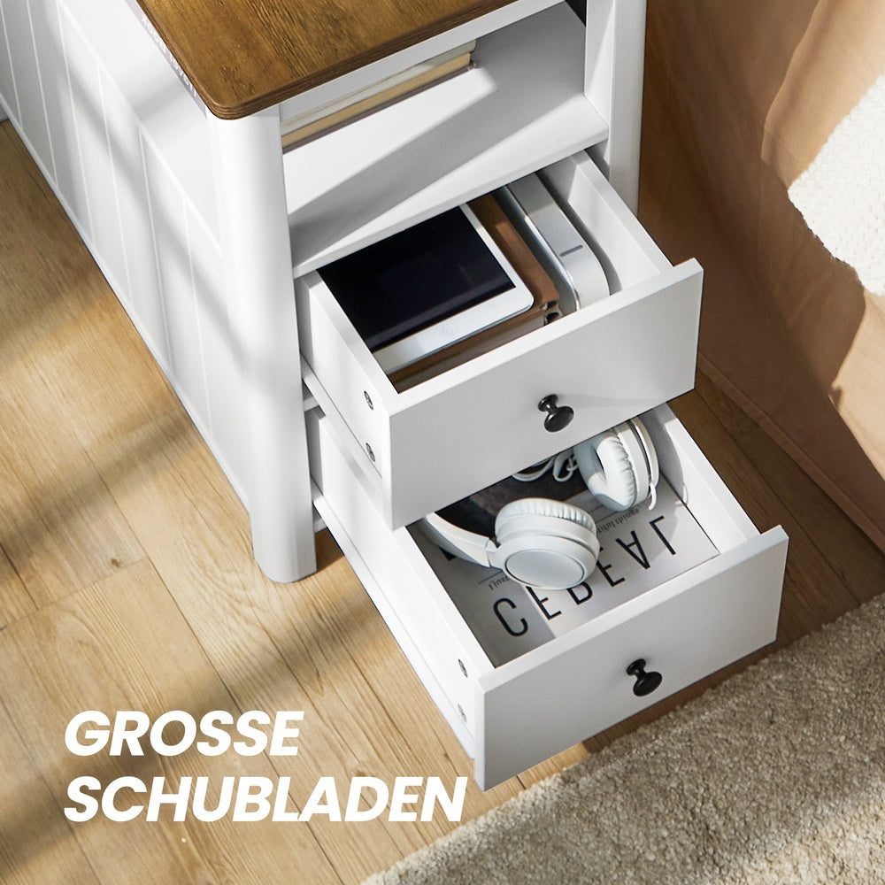 Beistelltisch, schmaler Nachttisch mit Steckdosenleiste, 2 Schubladen