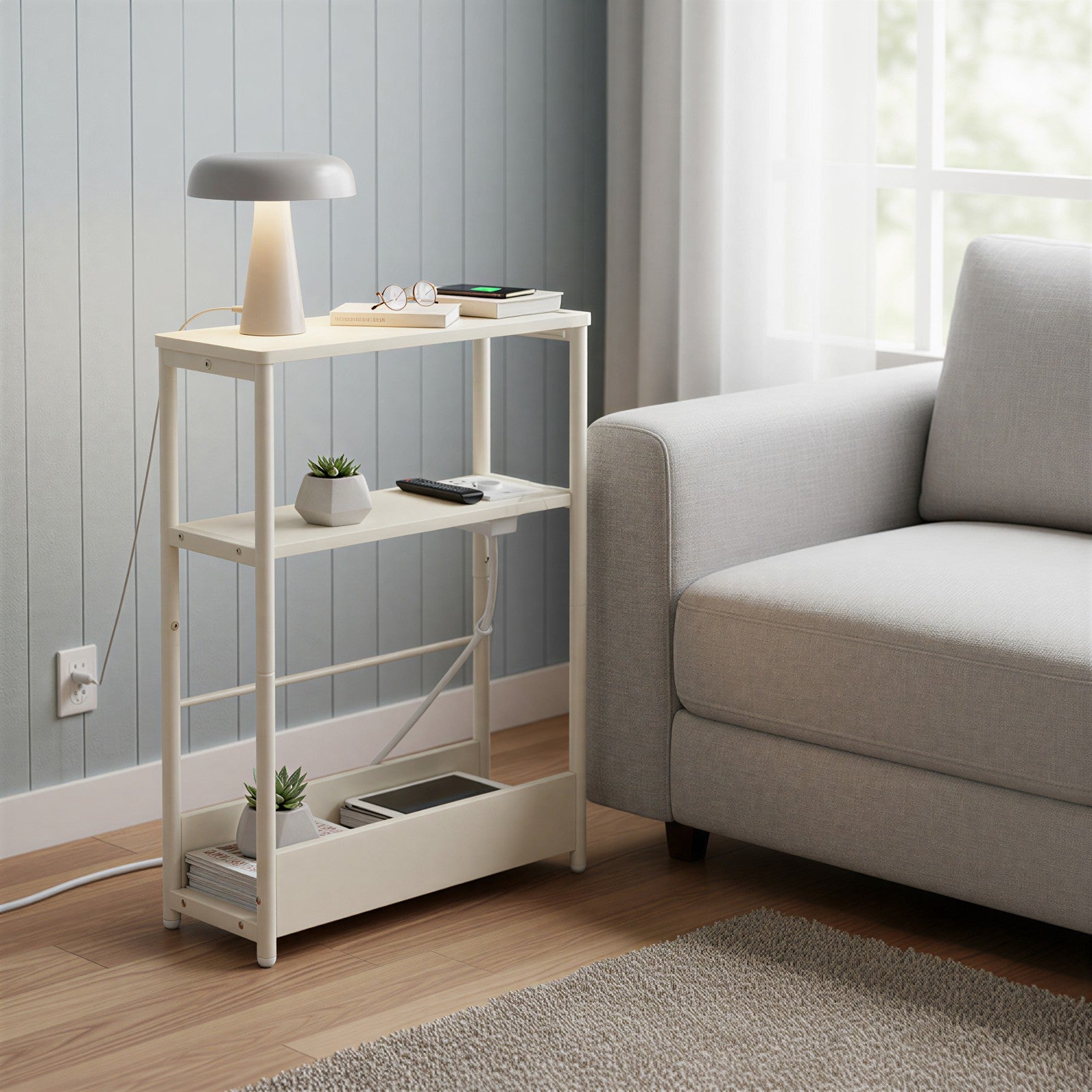 Schmaler Sofatisch mit 3 Ablagen, Nachttisch mit Zeitschriftenhalter, für Schlafzimmer