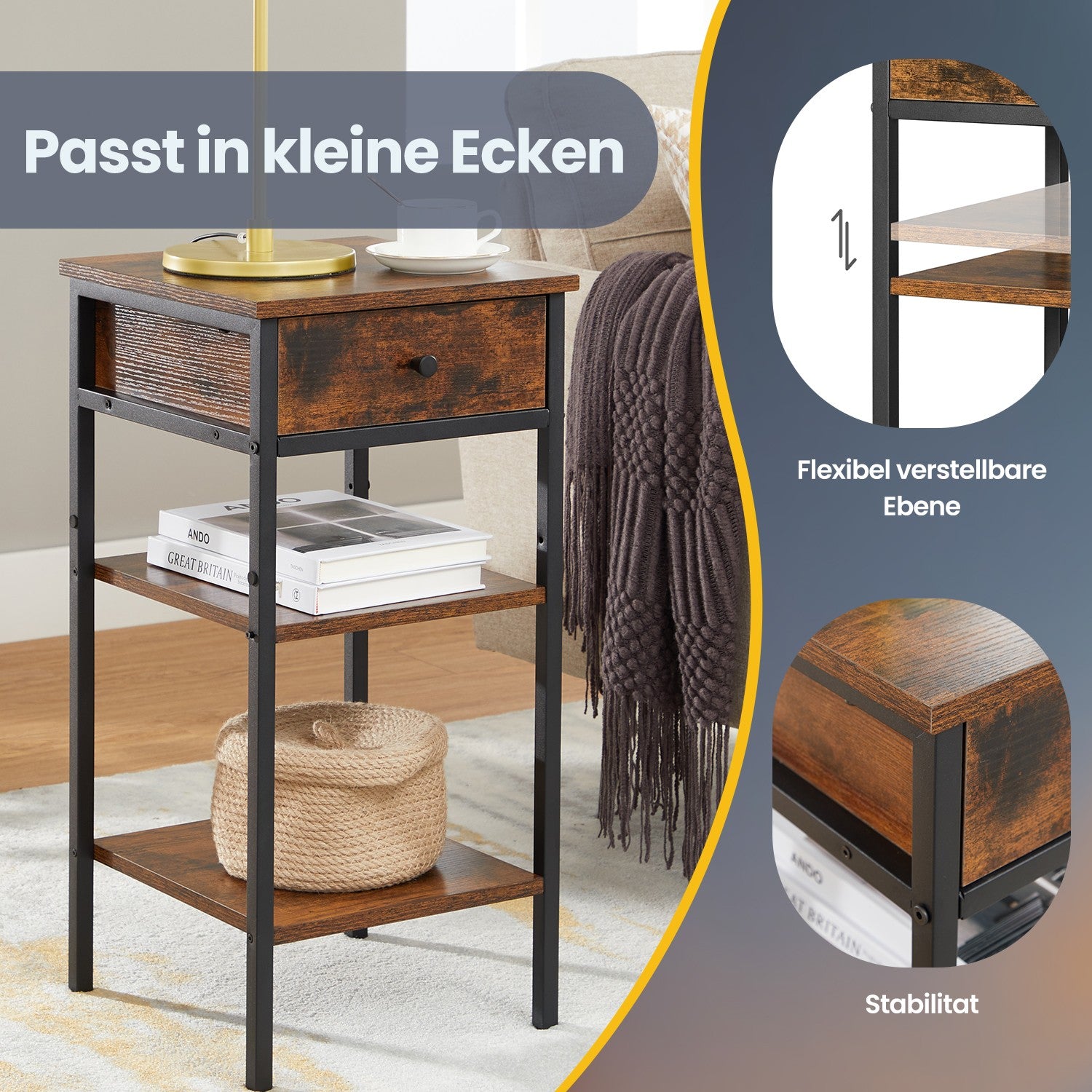 Nachttisch, Beistelltisch, Schublade und offene Fächer