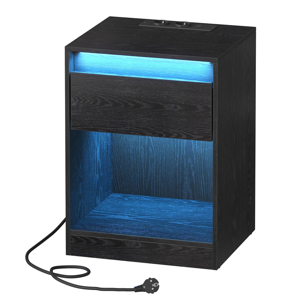Nachttisch mit einstellbarer LED-Beleuchtung, Schublade, 2 Steckdosen