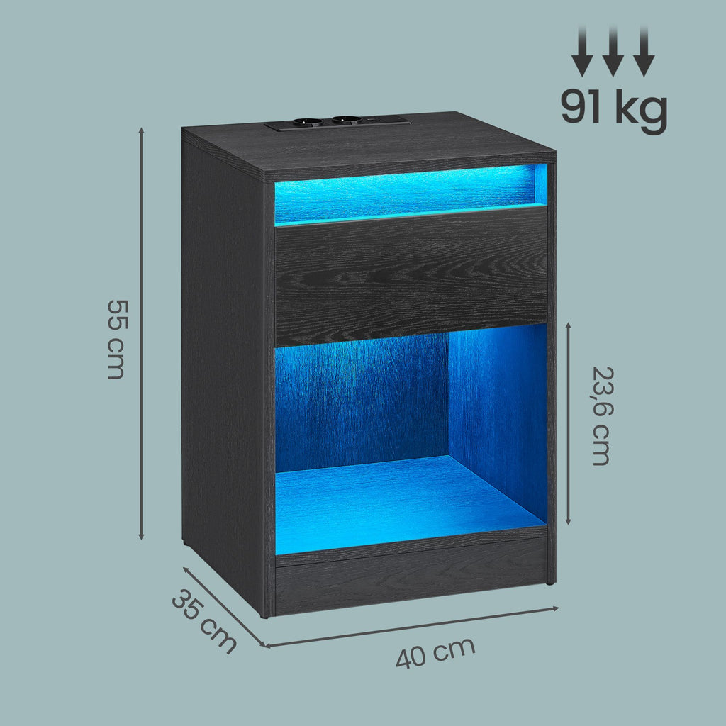 Nachttisch mit einstellbarer LED-Beleuchtung, Schublade, 2 Steckdosen
