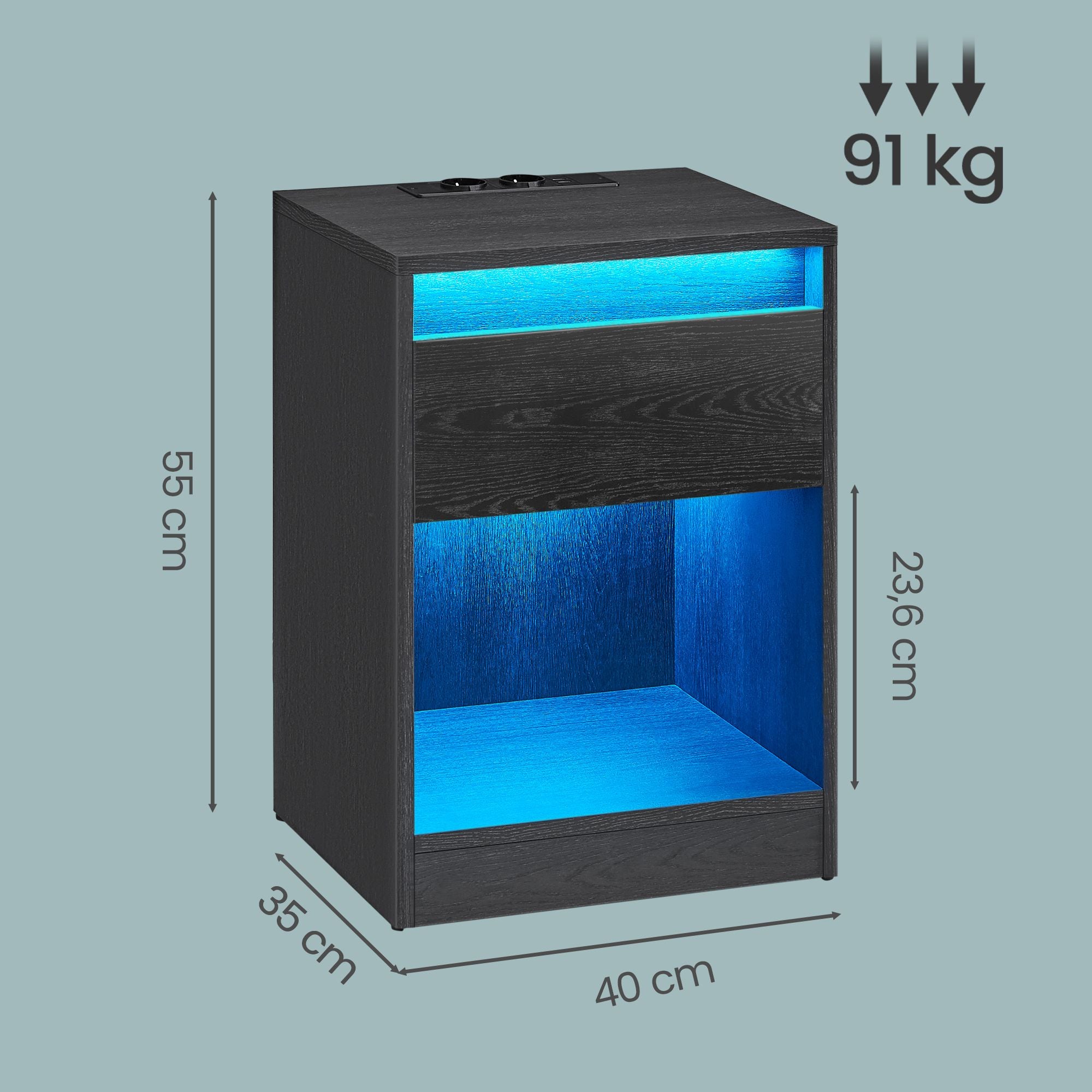 Nachttisch mit einstellbarer LED-Beleuchtung, Schublade, 2 Steckdosen