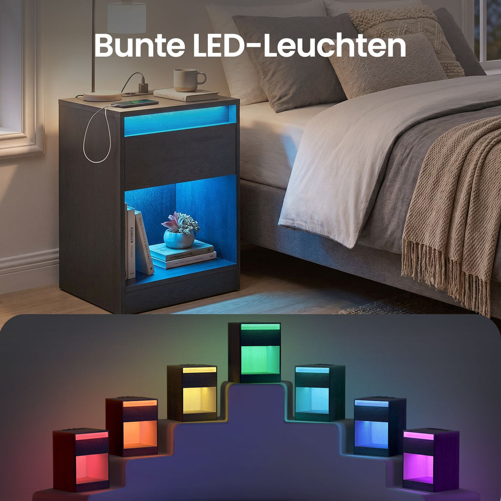 Nachttisch mit einstellbarer LED-Beleuchtung, Schublade, 2 Steckdosen