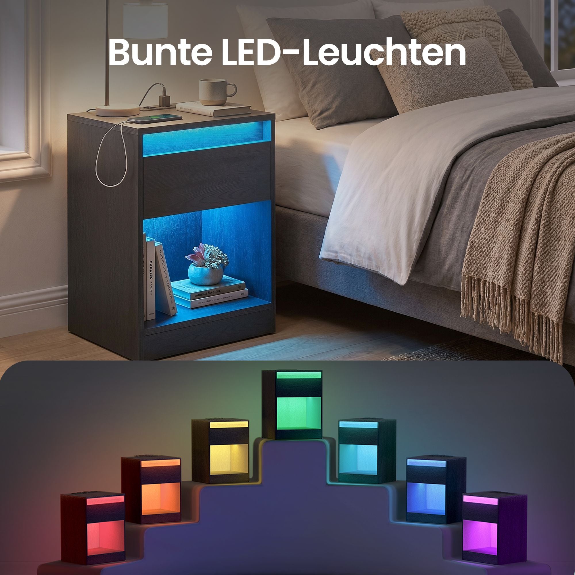 Nachttisch mit einstellbarer LED-Beleuchtung, Schublade, 2 Steckdosen