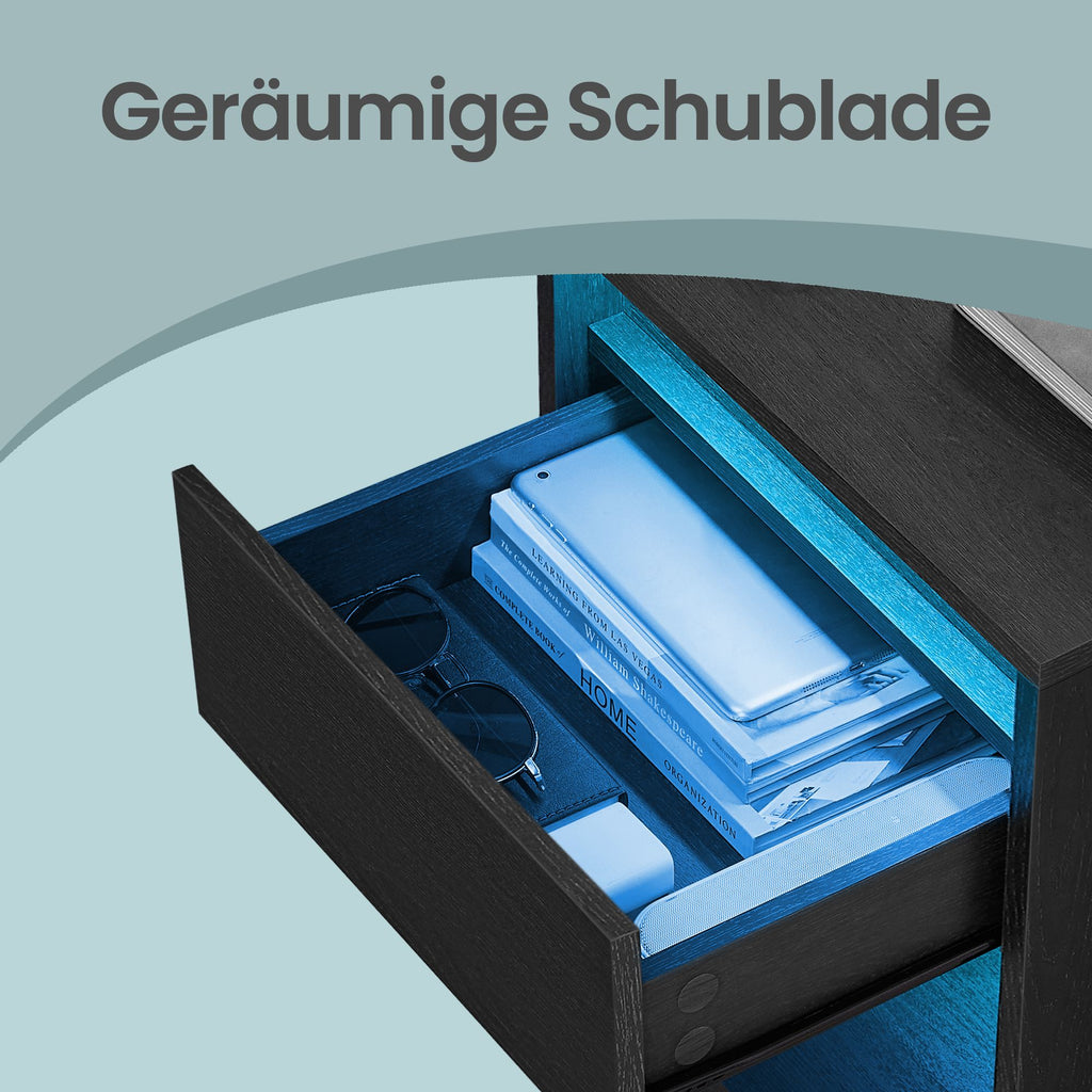 Nachttisch mit einstellbarer LED-Beleuchtung, Schublade, 2 Steckdosen