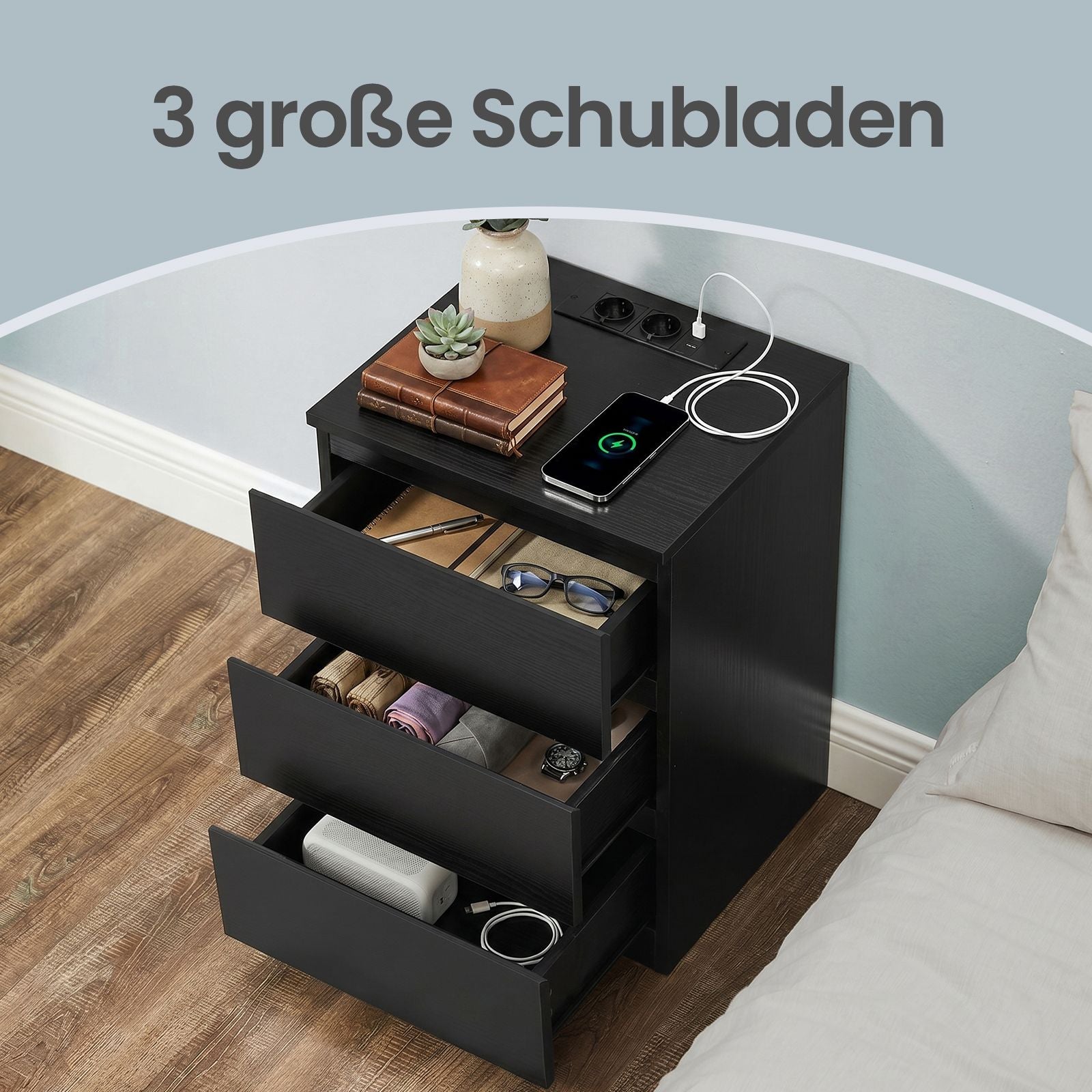 Beistelltisch 3 Schubladen modern ebenholzschwarz