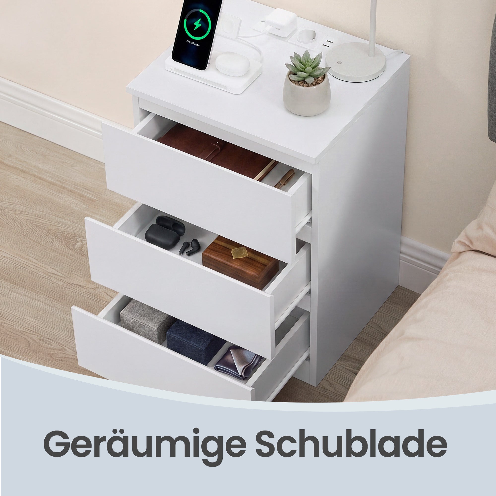 Nachttisch mit Steckdosenleiste, Beistelltisch mit 3 Schubladen, 2 AC-Steckdosen