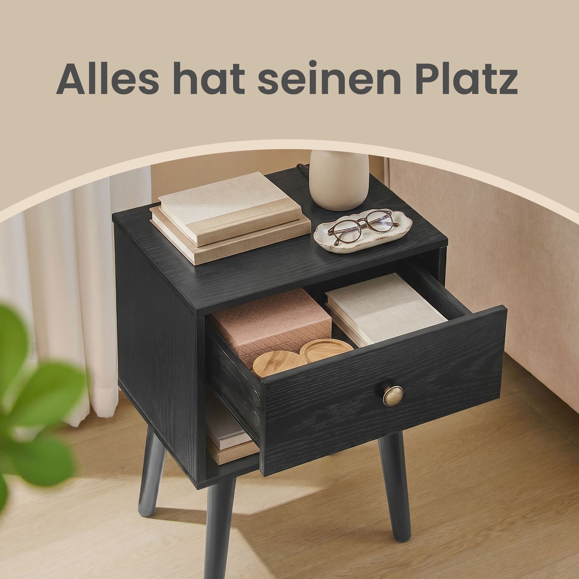 Nachttisch, Beistelltisch mit Schublade und offener Ablage, Holzbeine