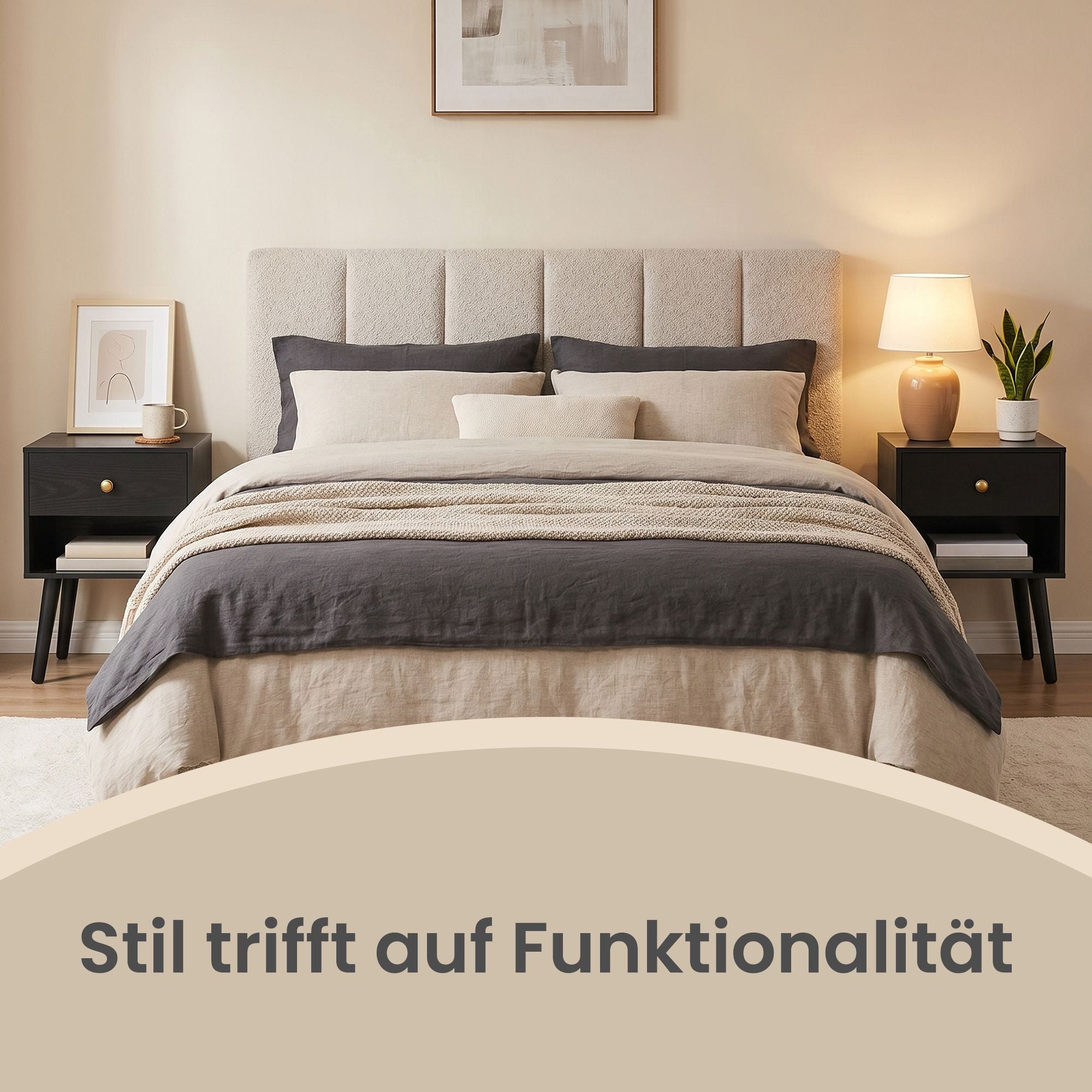Nachttisch, Beistelltisch mit Schublade und offener Ablage, Holzbeine