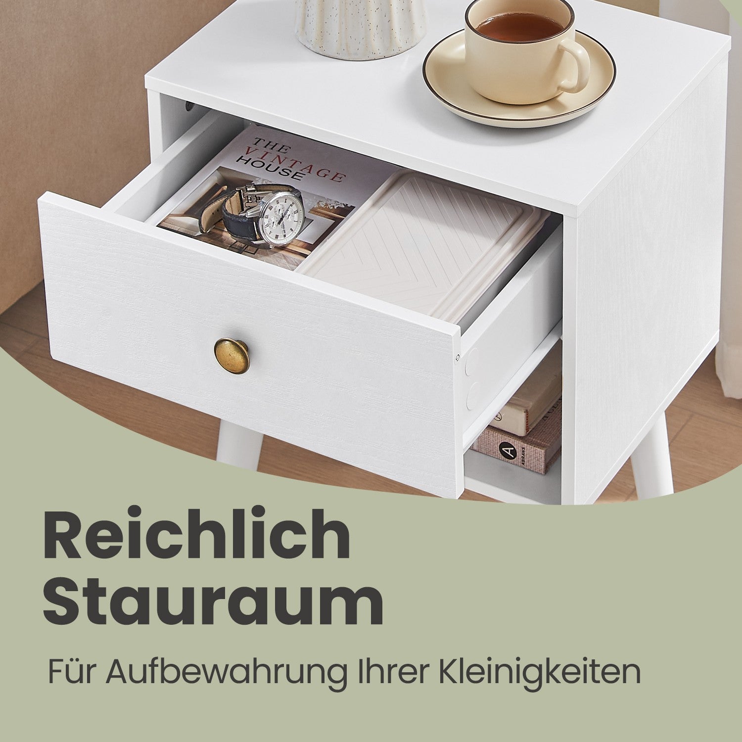 Nachttisch, Beistelltisch mit Schublade und offener Ablage, Holzbeine