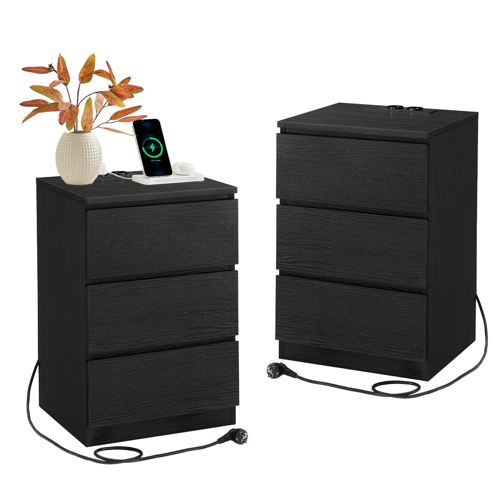 Nachttisch 2er Set, mit Steckdosenleiste, Beistelltisch mit 3 Schubladen